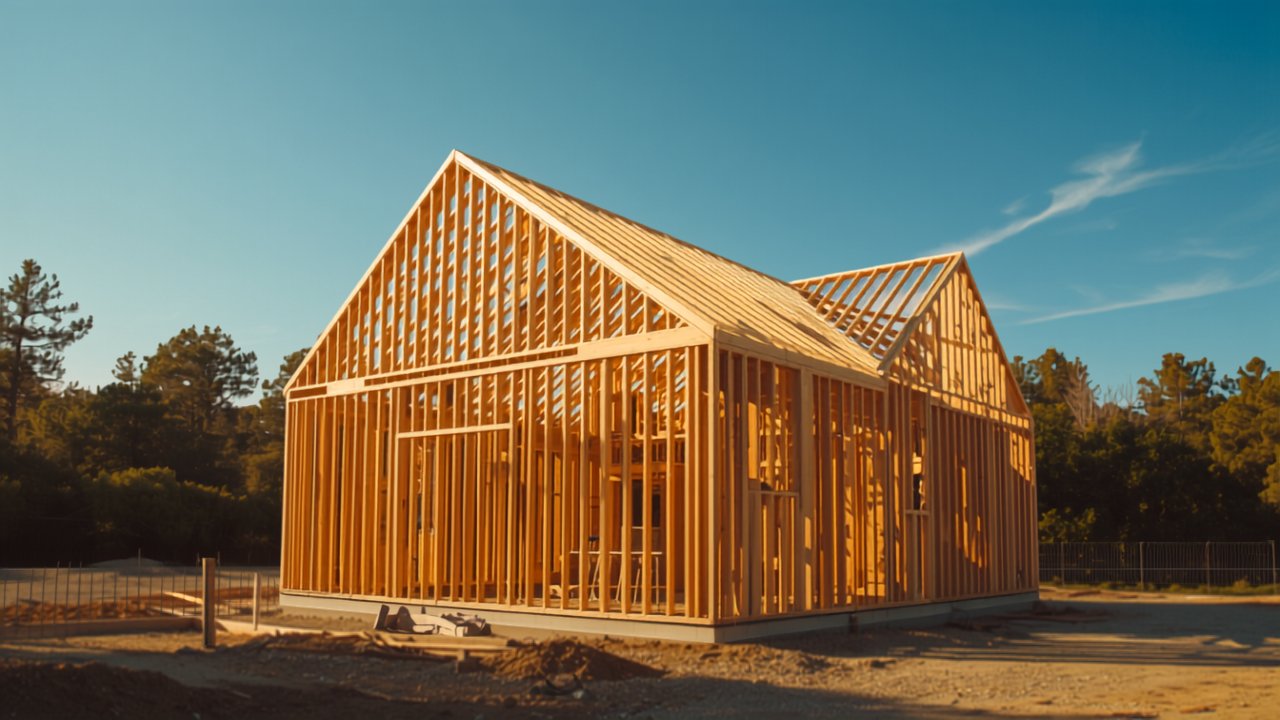 Illustrative image of wood framing on a residential construction site under a clear sky